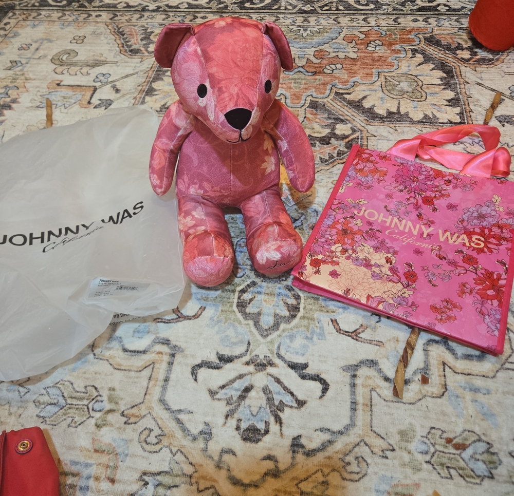 NWT Johnny Was Pink Floral Plush Bear with Matching Pink Tote Bag